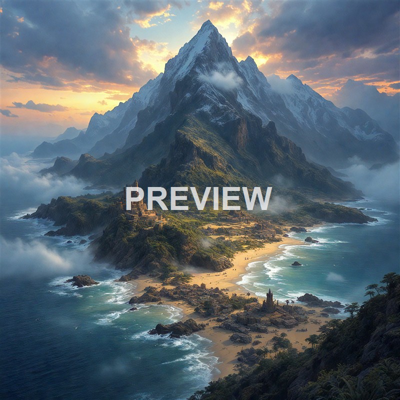 A tall, snow-capped mountain with a lush green base overlooking a coastline with sandy beaches, small buildings, and waves crashing against rocks under a colorful, partly cloudy sky.
